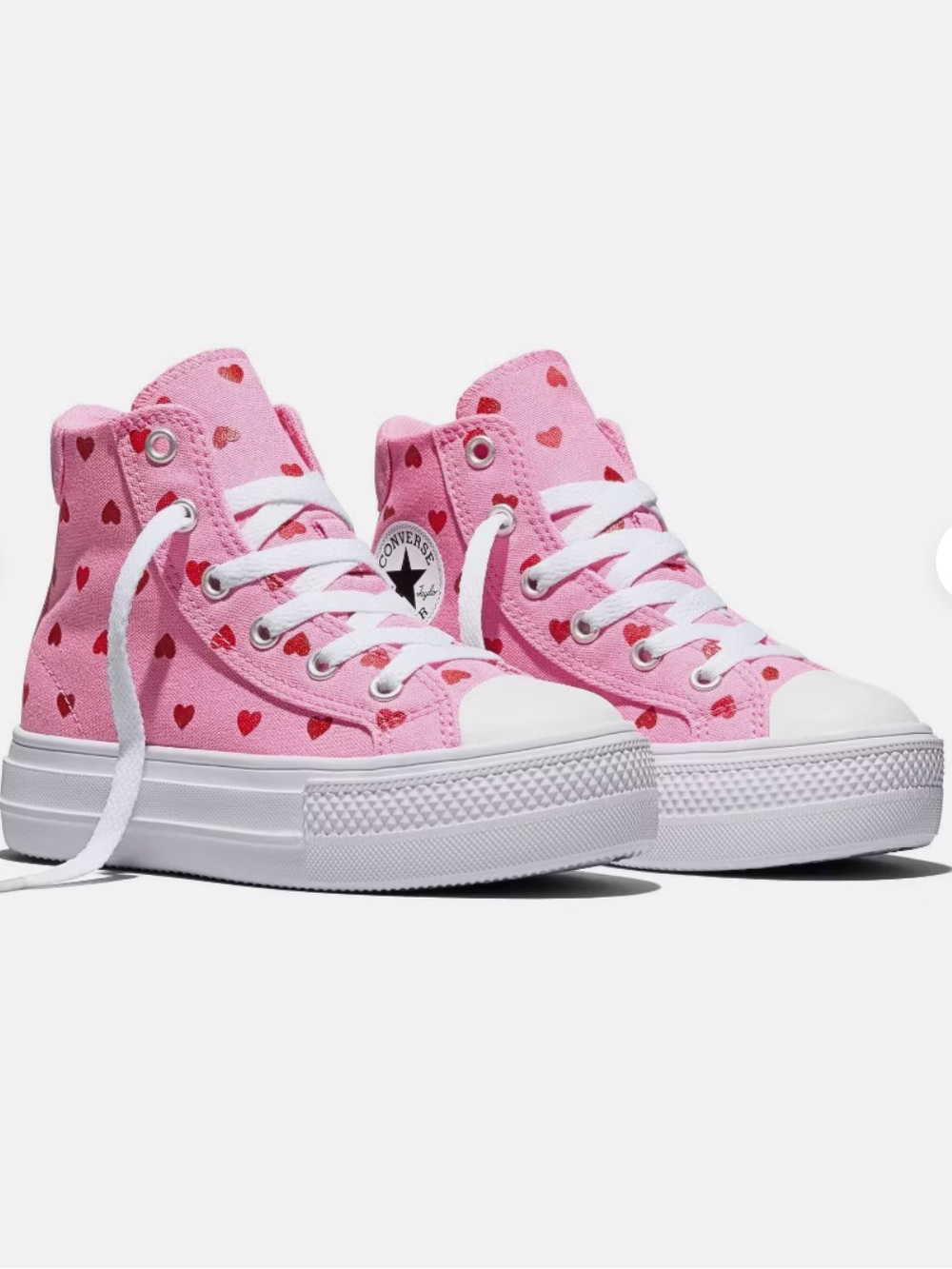 CONVERSE Kids Pink High-Top Platform Sneakers with Red Heart Print Sizes 1 & 2